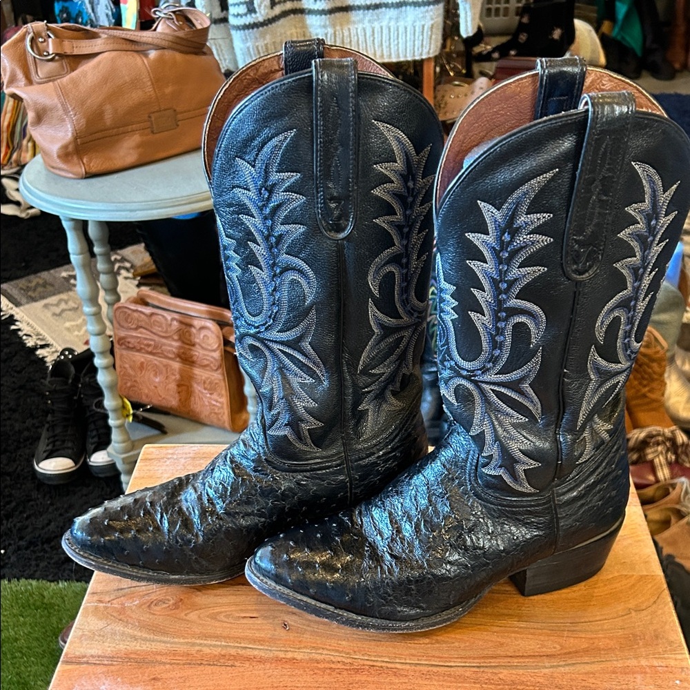 Black and Blue Ostrich leather Western Cowboy Boots - Picture 2 of 12